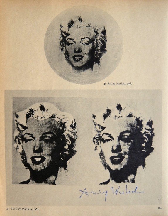ANDY WARHOL, Signed Print "Marilyn Monroe", 1966: Andy WARHOL, "Marilyn Monroe" signed special Print. From a signed VIP book from 1966. Hand signed by Andy Warhol in blue pen. Size: 10.24 x 8.27 inches (26 x 21 cm), with title and printed on the back