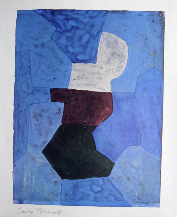 Serge POLIAKOFF, Heliolitho, 1948: Serge Poliakoff, Heliolitho 1948. Hand signed by Serge Poliakoff in pencil. From a signed VIP book, published in 1948. Size: 14.17 x 12.2 inches (36 x 31 cm), printed on the back.