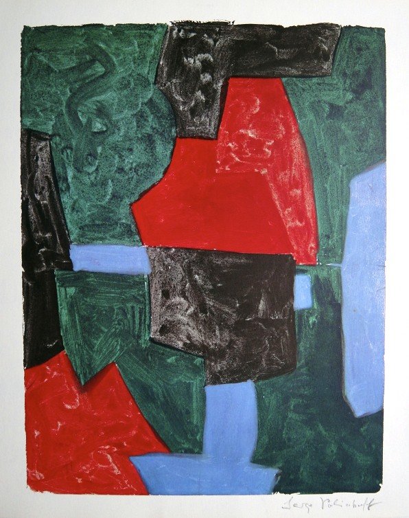 Serge POLIAKOFF, Heliolitho, 1948: Serge Poliakoff, Heliolitho 1948. Hand signed by Serge Poliakoff in pencil. From a signed VIP book, published in 1948. Size: 14.17 x 12.2 inches (36 x 31 cm), printed on the back.