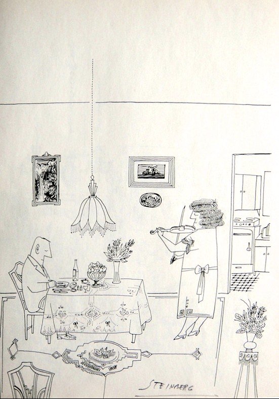 Saul STEINBERG "The Art of Living" Print: Saul Steinberg, original Print 1945 - 1949. Hand signed by Saul Steinberg in pencil. From the signed VIP book "The Art of Living". Editeur: Harper & Brothers, New York. Size: 11.81 x 8.66 inches (30 x