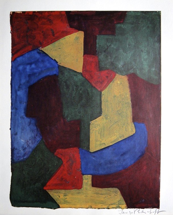 Serge POLIAKOFF, Heliolitho, 1948: Serge Poliakoff, Heliolitho 1948. Hand signed by Serge Poliakoff in pencil. From a signed VIP book, published in 1948. Size: 14.17 x 12.2 inches (36 x 31 cm), printed on the back.