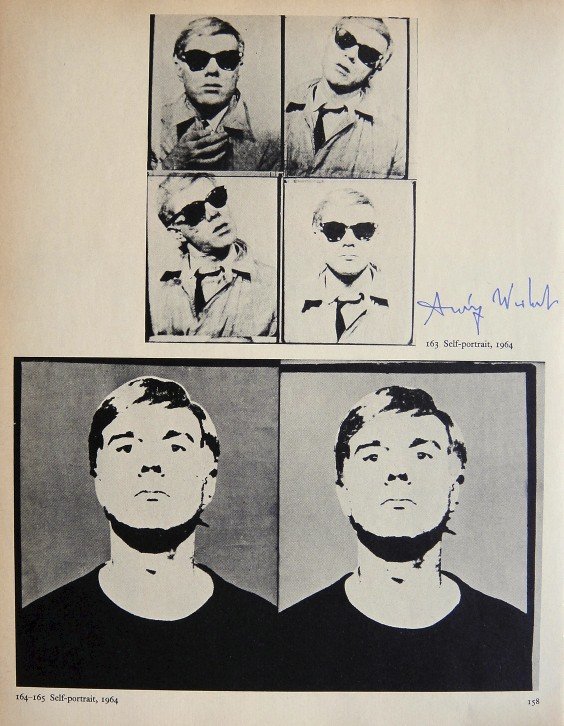 ANDY WARHOL, Signed Print "Self-Portrait", 1966: Andy WARHOL, "Self-Portrait" signed special Print. From a signed VIP book from 1966. Hand signed by Andy Warhol in blue pen. With title, page number and printed on the back. Size: 11.02 x 8.27 inches