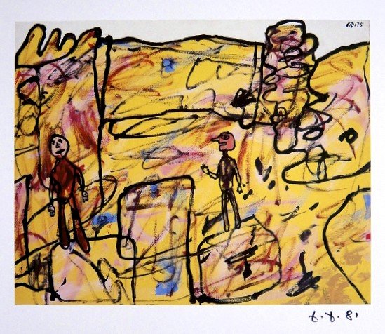 Jean Dubuffet, signed Print 1981: Signed Print by Jean DUBUFFET. From a signed VIP book, published in 1981. Hand signed by Dubuffet in black pen. Editeur: Fernand Mourlot, Paris. Size: 7.48 x 8.66 inches (19 x 22 cm), printed on the b