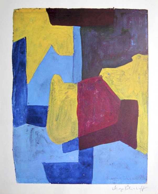 Serge POLIAKOFF, Heliolitho, 1948: Serge Poliakoff, Heliolitho 1948. Hand signed by Serge Poliakoff in pencil. From a signed VIP book, published in 1948. Size: 14.17 x 12.2 inches (36 x 31 cm), printed on the back.