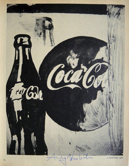 ANDY WARHOL, Signed Print "Coca-Cola", 1966: Andy WARHOL, "Coca-Cola" signed special Print. From a signed VIP book from 1966. Hand signed by Andy Warhol in blue pen. With title, page number and printed on the back. Size: 11.02 x 8.27 inches (28
