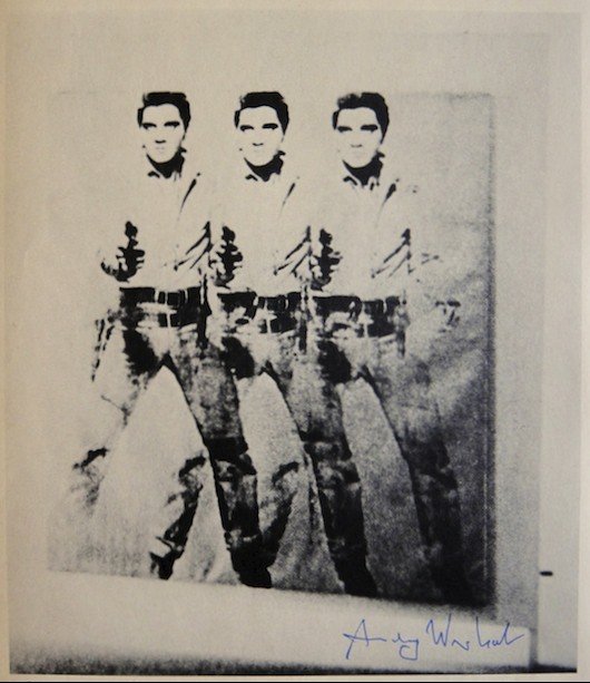 ANDY WARHOL, Signed Print "Large Three Elvis", 1966: Andy WARHOL, "Large Three Elvis" signed special Print. From a signed VIP book from 1966. Hand signed by Andy Warhol in blue pen. With title, page number and printed on the back. Size: 11.02 x 8.27 inc