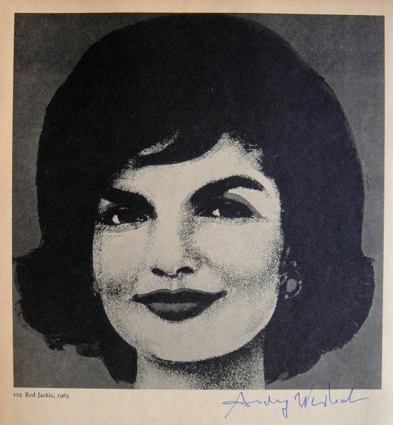 ANDY WARHOL, Signed Print "Red Jackie", 1966: Andy WARHOL, "Red Jackie" signed special Print. From a signed VIP book from 1966. Hand signed by Andy Warhol in blue pen. With title, page number and printed on the back. Size: 11.02 x 8.27 inches (28