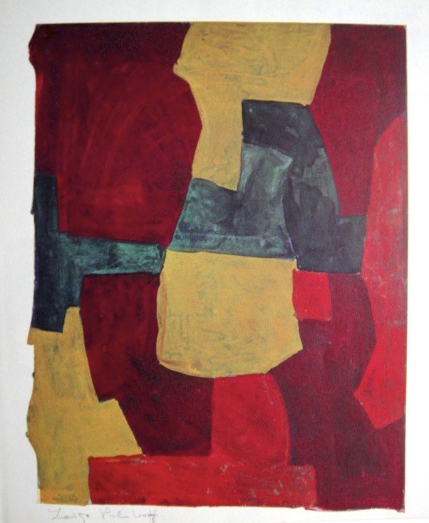 Serge POLIAKOFF, Heliolitho, 1948: Serge Poliakoff, Heliolitho 1948. Hand signed by Serge Poliakoff in pencil. From a signed VIP book, published in 1948. Size: 14.17 x 12.2 inches (36 x 31 cm), printed on the back.