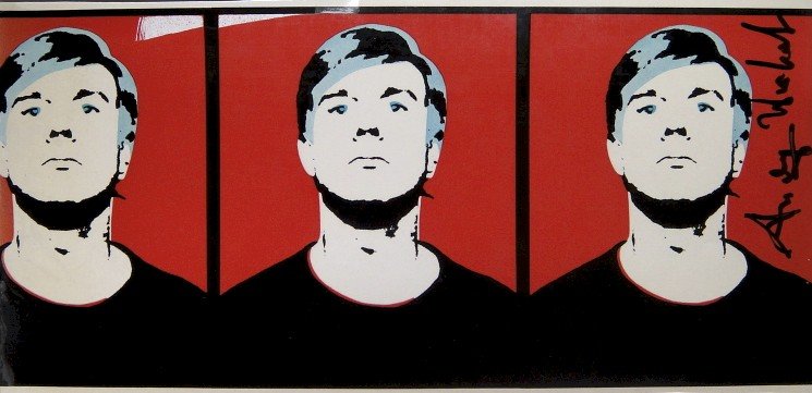 Andy Warhol, signed Print, Self-Portrait, 1986: Andy WARHOL, "Self-Portrait" signed Print. From a signed VIP book from 1986. Hand signed by Andy Warhol in black pen. Size: 4.33 x 8.66 inches (11 x 22 cm), glossy coating, marks of use.