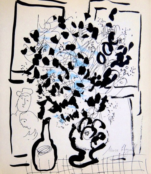 Marc CHAGALL, " Le Bouquet Noir et Bleu Ó Litho: Marc CHAGALL, " Le Bouquet Noir et Bleu " original Lithograph 1957. Hand signed by Marc CHAGALL in pencil. From a signed VIP book, published in 1957. Editeur: Fernand Murlot, Paris, par Jacques Lassai