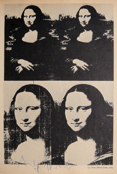 ANDY WARHOL, Signed Print "Four Mona Lisa", 1966: Andy WARHOL, "Four Mona Lisa" signed special Print. From a signed VIP book from 1966. Hand signed by Andy Warhol in blue pencil. With title, page number and printed on the back. Size: 11.02 x 8.27 inc