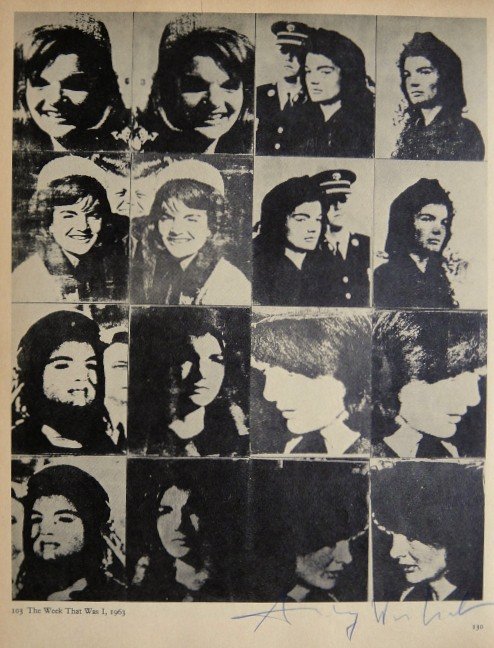 ANDY WARHOL, Signed Print "Jackie Kennedy", 1966: Andy WARHOL, "Jackie Kennedy" signed special Print. From a signed VIP book from 1966. Hand signed by Andy Warhol in blue pen. With title, page number and printed on the back. Size: 11.02 x 8.27 inches