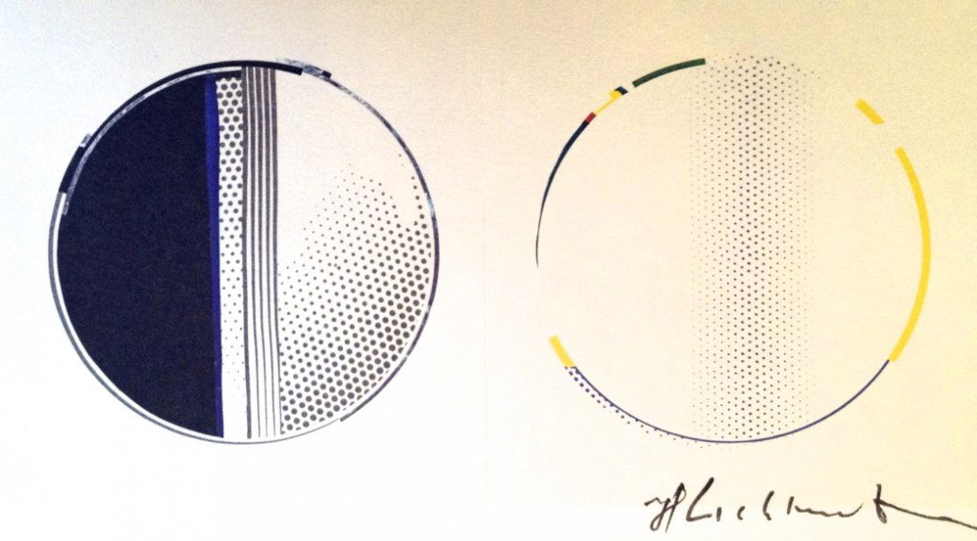 Roy LICHTENSTEIN, signed Print, Mirror I and II, 1975: Roy LICHTENSTEIN, "Mirror I and II" signed Print. From a signed VIP book from 1975. Hand signed by Roy Lichtenstein in black pen. Prov: E.P.C.B. departement des arts plastiques. Thin cardboard, printe