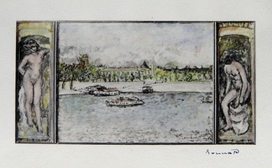 PIERRE BONNARD, hand colored and signed Lithograph: Wonderful hand colored and signed Lithograph by Pierre Bonnard. Watercolor on beautiful hand made paper. "Triptyque" was published in the rare suite "Bonnard" by Leon Werth, 1923. Edition: "Cahiers d'