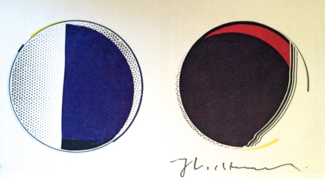 Roy LICHTENSTEIN, signed Print, Mirror III and IV, 1975: Roy LICHTENSTEIN, "Mirror III and IV" signed Print. From a signed VIP book from 1975. Hand signed by Roy Lichtenstein in black pen. Prov: E.P.C.B. departement des arts plastiques. Thin cardboard, prin