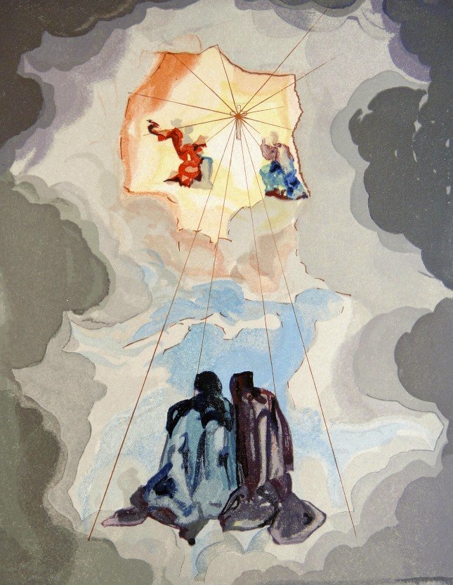 Salvador DALI, Signed Woodcut - The Divine Comedy: Original signed Woodcut 1950 - 1960 by Salvador Dali form the serie The Divine Comedy - 16th canto of the Paradiese "Dantes Entrueckung". Hand signed by Dali in pencil. Provenance: D'Art les Heures Cl