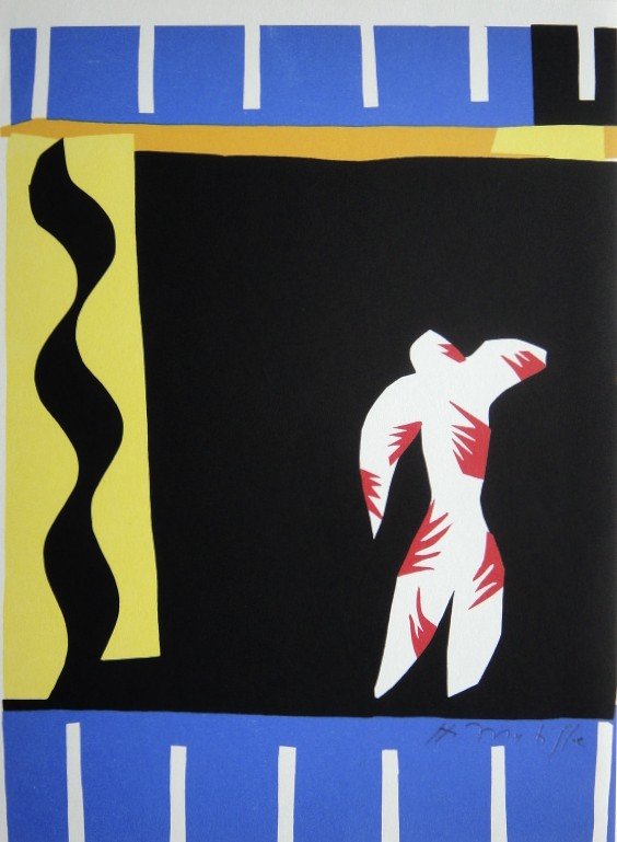 Henri Matisse, signed Lithograph "Jazz", 1951: Henri Matisse, signed lithograph from the VIP folder "Jazz". Hand signed by Matisse in pencil. 2. Edition, published in 1951. Size: 11.02 x 8.27 inches (28 x 21 cm).