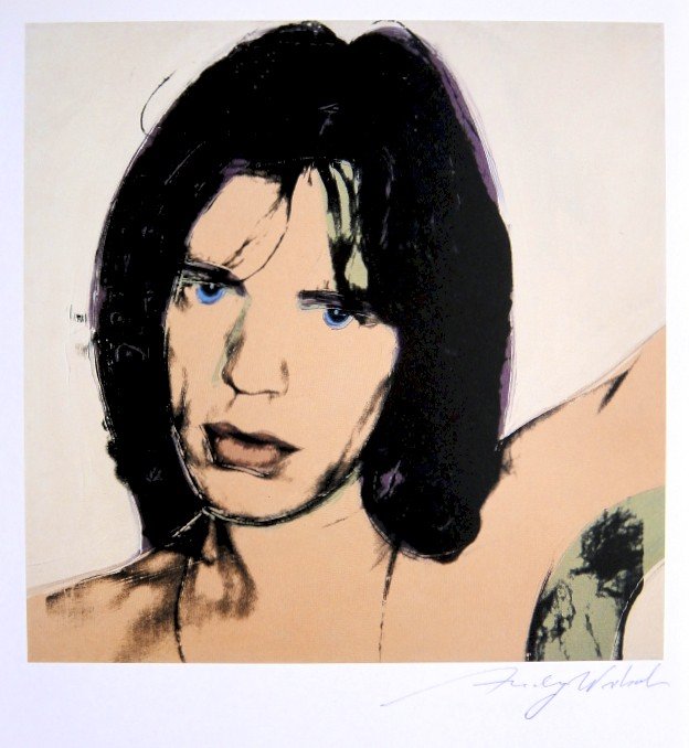 Andy Warhol, signed Print, Portraits, 1986: Andy WARHOL, "Mick Jagger" signed Print. From a signed VIP book from 1986. Hand signed by Andy Warhol in blue pen. Size: 10.24 x 9.06 inches (26 x 23 cm), printed on the back.
