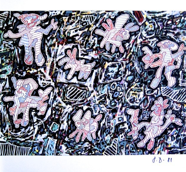 Jean Dubuffet, signed Print 1981: Signed Print by Jean DUBUFFET. From a signed VIP book, published in 1981. Hand signed by Dubuffet in black pen. Editeur: Fernand Mourlot, Paris. Size: 9.06 x 9.45 inches (23 x 24 cm), printed on the b