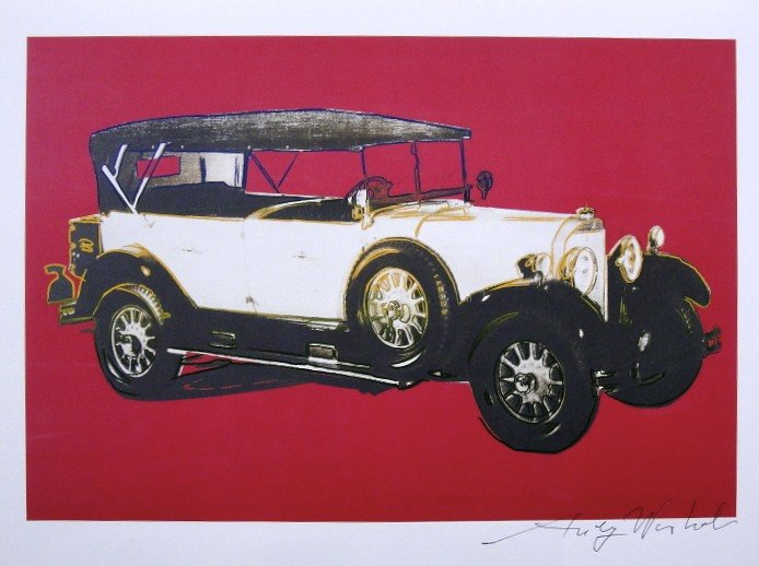 Andy Warhol, signed Print, Cars, 1986: Andy WARHOL, "Cars" signed Print. From a signed VIP book from 1986. Hand signed by Andy Warhol in black pen. Size: 7.48 x 10.24 in (19 x 26 cm), printed on the back.