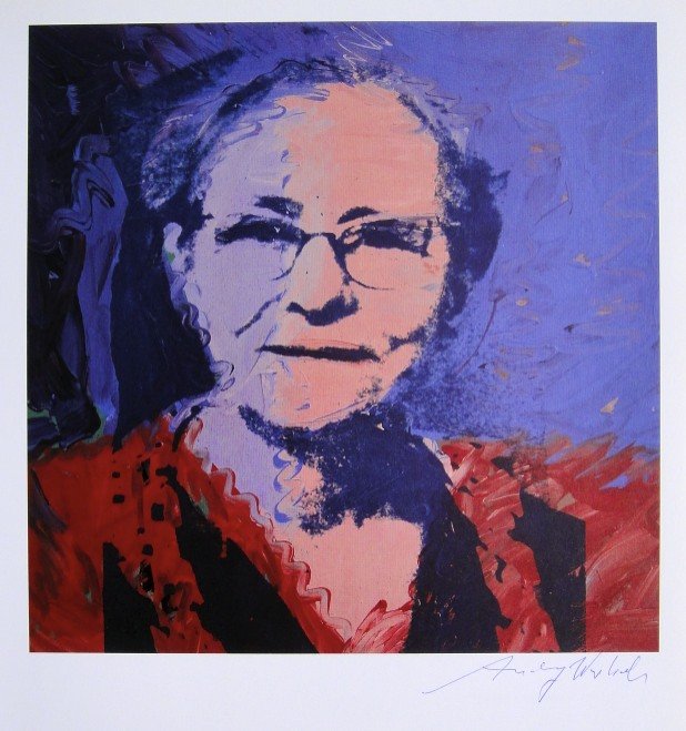Andy Warhol, signed Print, Portraits, 1986: Andy WARHOL, "Julia Warhola" signed Print. From a signed VIP book from 1986. Hand signed by Andy Warhol in blue pen. Size: 10.24 x 9.06 inches (26 x 23 cm), printed on the back.