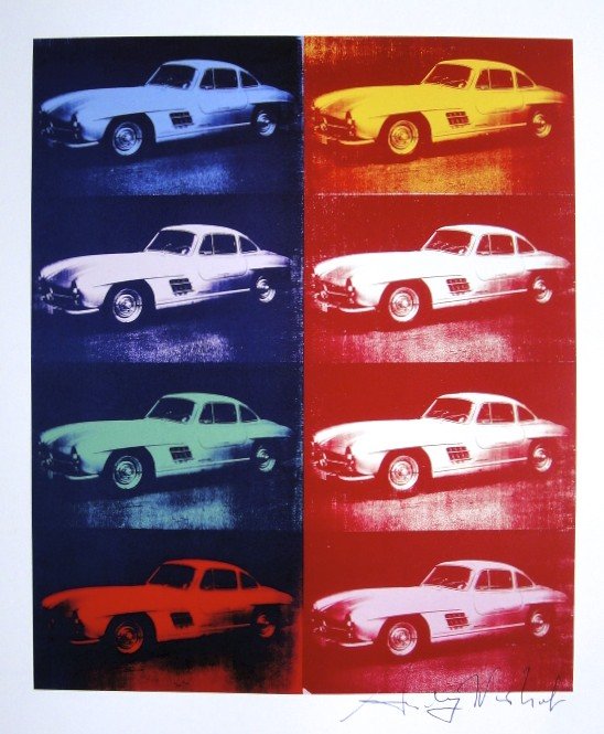 Andy Warhol, signed Print, Cars, 1986: Andy WARHOL, "Cars" signed Print. From a signed VIP book from 1986. Hand signed by Andy Warhol in black pen. Size: 9.45 x 7.48 in (24 x 19 cm), printed on the back.