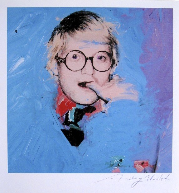 Andy Warhol, signed Print, Portraits, 1986: Andy WARHOL, "David Hockney" signed Print. From a signed VIP book from 1986. Hand signed by Andy Warhol in blue pen. Size: 10.24 x 9.06 inches (26 x 23 cm), printed on the back.