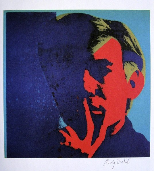 Andy Warhol, signed special Print, 1976: Andy WARHOL, "Self-Portrait" signed special Print. From a signed VIP book from 1976. Hand signed by Andy Warhol in black pen. Size: 8.27 x 7.48 inches (21 x 19 cm), printed on the back.