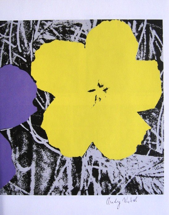 Andy Warhol, signed special Print, 1976: Andy WARHOL, "Flowers" signed special Print. From a signed VIP book from 1976. Hand signed by Andy Warhol in black pen. Size: 9.06 x 7.48 inches (23 x 19 cm), printed on the back.
