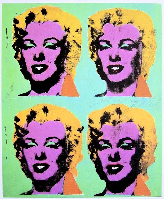 Andy Warhol, signed special Print, 1976: Andy WARHOL, "4 Marilyns" signed special Print. From a signed VIP book from 1976. Hand signed by Andy Warhol in black pen. Size: 9.06 x 7.48 inches (23 x 19 cm), printed on the back.