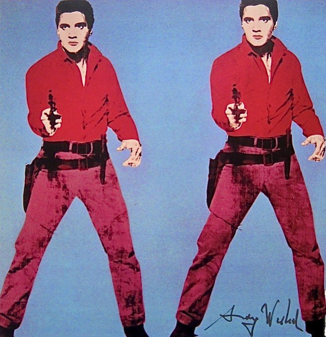Andy Warhol, signed Print, "Elvis I and II", 1986: Andy WARHOL, "Elvis I and II" signed Print. From a signed VIP book from 1986. Hand signed by Andy Warhol in silver pen. Size: 10.24 x 9.84 inches (26 x 25 cm), printed on the back.