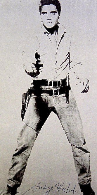 Andy Warhol, signed Print, "Elvis" , 1986: Andy WARHOL, "Elvis" signed Print. From a signed VIP book from 1986. Hand signed by Andy Warhol in black pen. Size: 9.84 x 5.11 inches (25 x 13 cm), printed on the back.