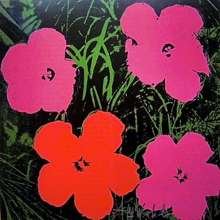 Andy Warhol, signed Print, "Flowers", 1986: Andy WARHOL, "Flowers" signed Print. From a signed VIP book from 1986. Hand signed by Andy Warhol in silver pen. Size: 10.24 x 9.84 inches (26 x 25 cm), printed on the back.