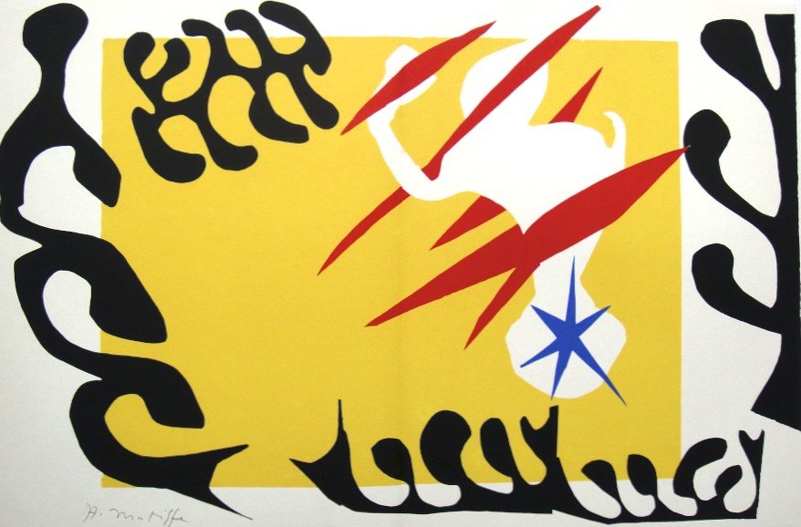Henri Matisse, signed Lithograph "Jazz", 1951: Henri Matisse, signed lithograph from the VIP folder "Jazz". Hand signed by Matisse in pencil. 2. Edition, published in 1951. Size: 11.02 x 16.34 inches (28 x 41.5 cm), with book fold.
