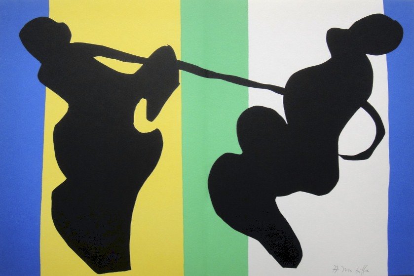 Henri Matisse, signed Lithograph "Jazz", 1951: Henri Matisse, signed lithograph from the VIP folder "Jazz". Hand signed by Matisse in pencil. 2. Edition, published in 1951. Size: 11.02 x 16.34 inches (28 x 41.5 cm), with book fold.