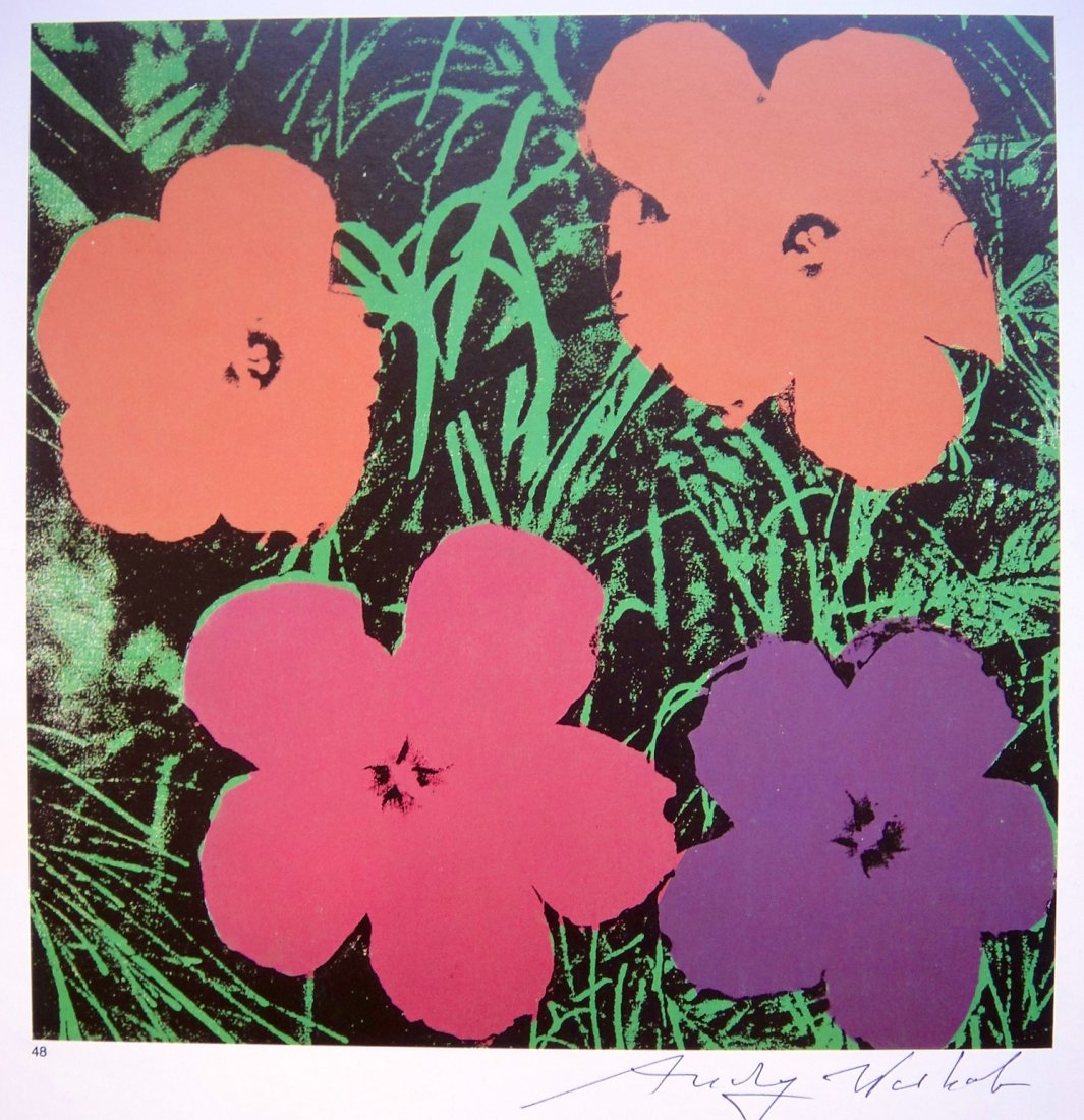 Andy Warhol, signed Print, Flowers, 1978: Andy WARHOL, "Flowers" signed Print. From a signed VIP book from 1978. Hand signed by Andy Warhol in black pen. Size:9.05 x 7.87 inches (23 x 20 cm), small picture number.