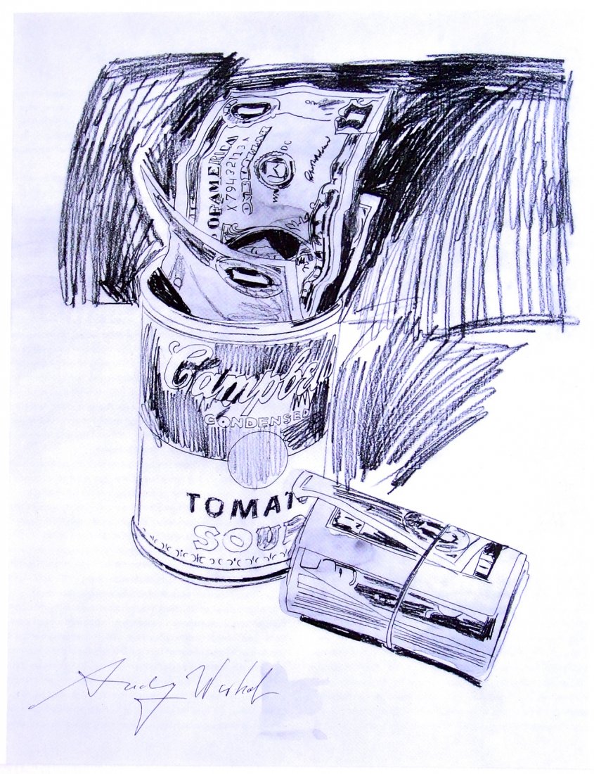 Andy Warhol, signed Print, CAMPBELL'S SOUP CAN AND: Andy WARHOL, "CAMPBELL'S SOUP CAN AND DOLLAR BILLS" signed special Print. From a signed VIP book from 1986. Hand signed by Andy Warhol in black pen. Size: 9.25 x 9.25 inches (23.5 x 23.5 cm), printed 