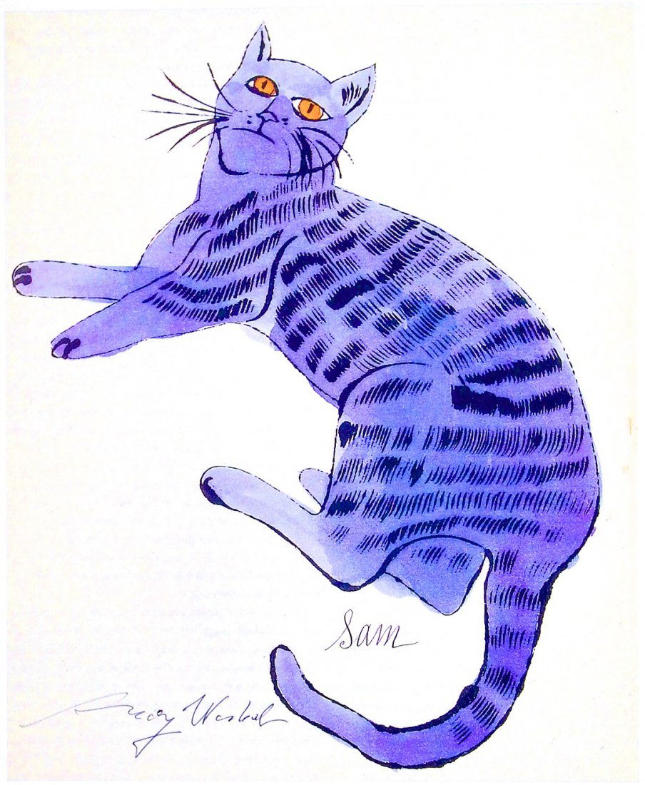 Andy Warhol, signed Print, Lavender Sam 1986: Andy WARHOL, "Lavender Sam aus 25 Cats Name Sam and One Blue Pussy" signed special Print. From a signed VIP book from 1986. Hand signed by Andy Warhol in black pen. Size: 9.25 x 9.25 inches (23.5 x 23