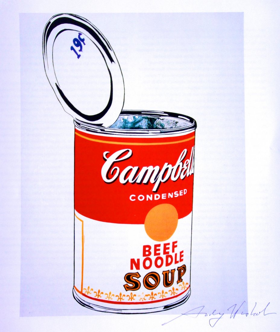 Andy Warhol, signed Print, Campbell Soup 1986: Andy WARHOL, "Campbell Soup" signed special Print. From a signed VIP book from 1986. Hand signed by Andy Warhol in black pen. Size: 9.25 x 9.25 inches (23.5 x 23.5 cm), printed on the back.