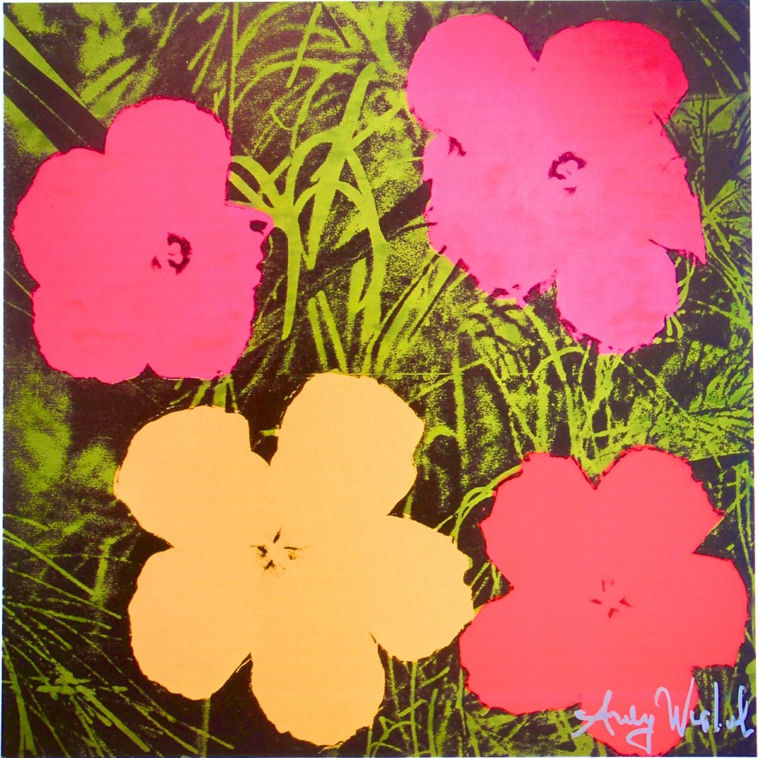 Andy Warhol, signed Print, "Flowers", 1986: Andy WARHOL, "Flowers" signed Print. From a signed VIP book from 1986. Hand signed by Andy Warhol in silver pen. Size: 10.24 x 9.84 inches (26 x 25 cm), printed on the back.