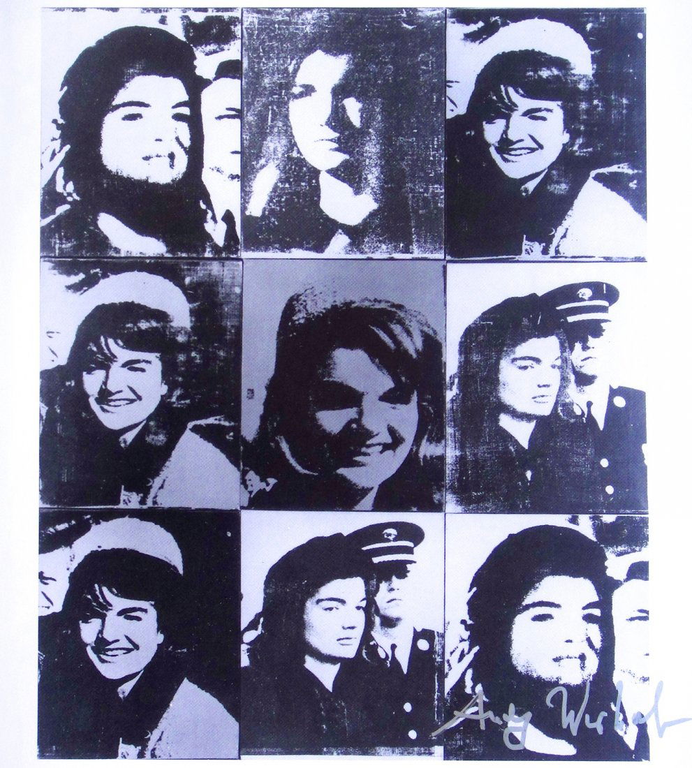 Andy Warhol, signed Print, "Nine Jackies", 1986: Andy WARHOL, "Nine Jackies" signed Print. From a signed VIP book from 1986. Hand signed by Andy Warhol in silver pen. Size: 9.06 x 7.09 inches (23 x 18 cm), printed on the back.