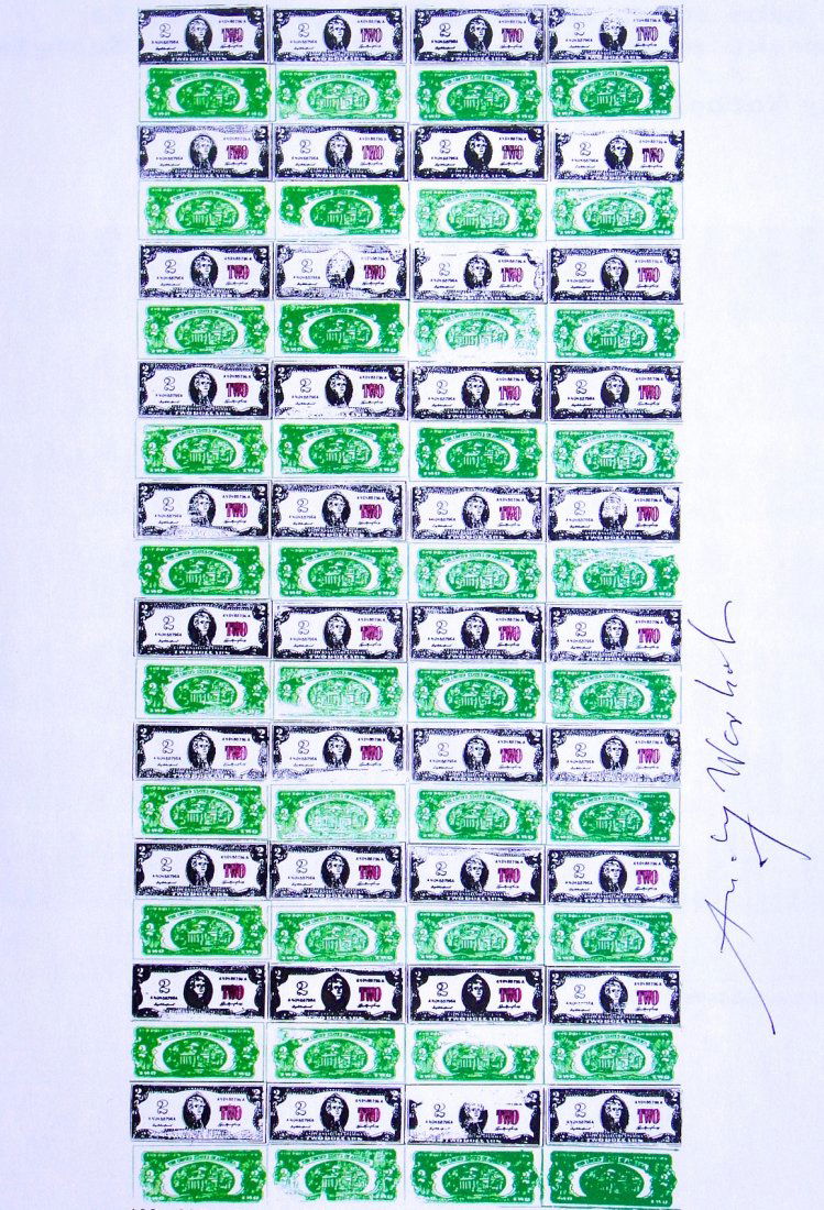 Andy Warhol, signed Print, 1969: Andy WARHOL, "80 Two Dollar Bills (Front and Rear)" signed Print. From a signed VIP book from 1969. Hand signed by Andy Warhol in black pen. Size: 7.08 x 8.26 inches (18 x 21 cm).