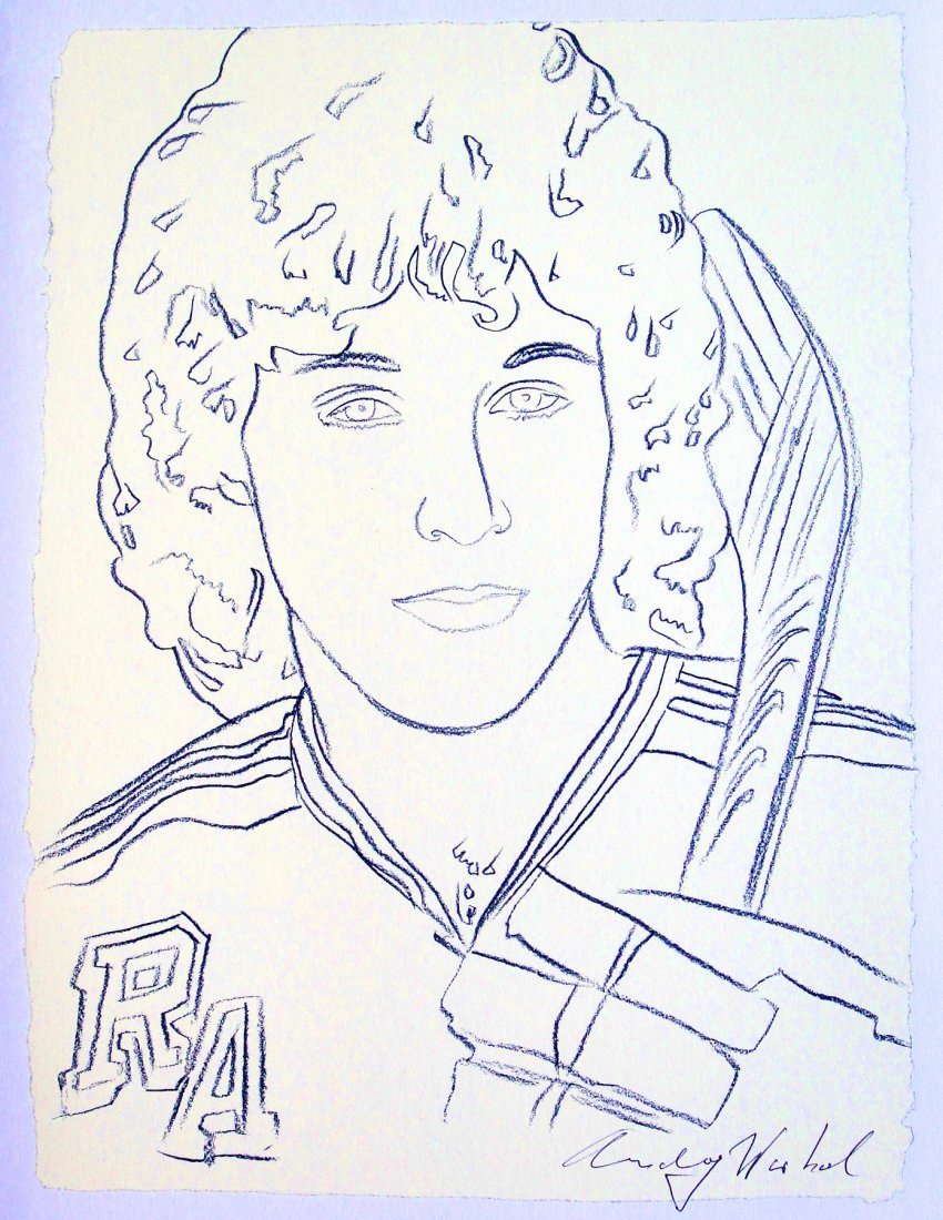 Andy Warhol, signed Print, Ron Dugay , 1976: Andy WARHOL, "Wayne Gretzky" signed special Print. From a signed VIP book "Sketches" from 1976. Hand signed by Andy Warhol in blue pen. Size: 11.81 x 9.06 inches (30 x 23 cm), printed on the back.