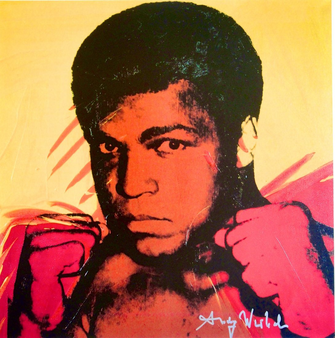 Andy Warhol, signed Print, "Muhammad Alil", 1986: Andy WARHOL, "Muhammad Alil" signed special Print. From a signed VIP book from 1986. Hand signed by Andy Warhol in silver pen. With title, page number and printed on the back. Size: 9.44 x 9.05 inches