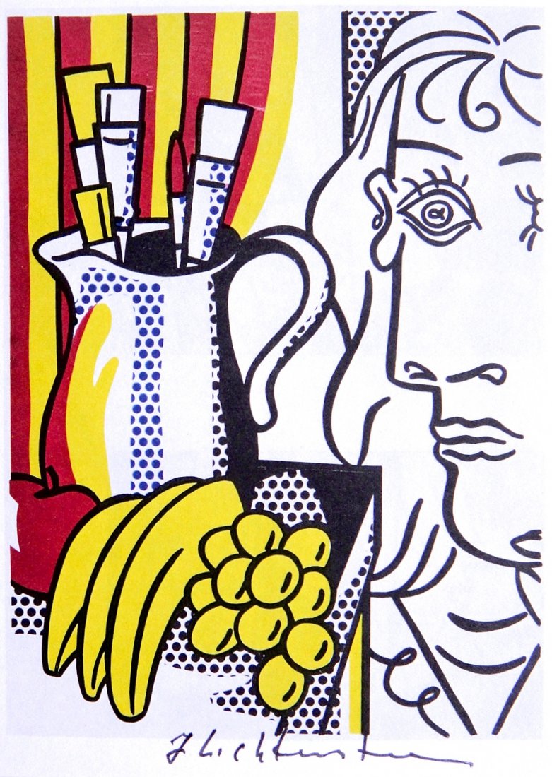 Roy LICHTENSTEIN, homage to Picasso: Roy LICHTENSTEIN, " homage to Picasso" signed Print. From a signed VIP book from 1975. Hand signed by Roy Lichtenstein in black pen. Prov: E.P.C.B. departement des arts plastiques. Thin cardboard, pri