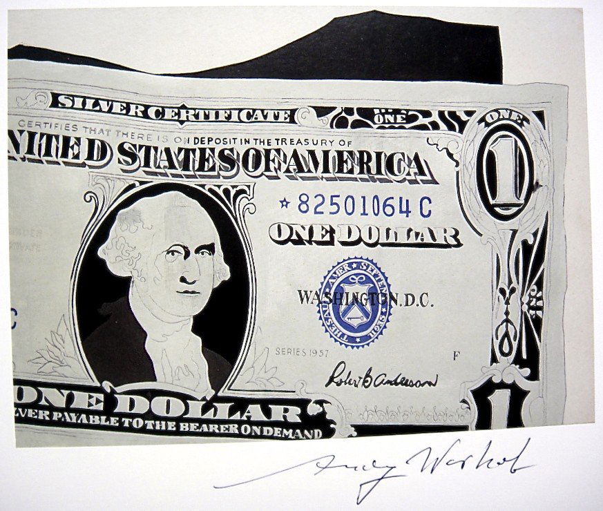 Andy Warhol, signed Print, "One Dollar Bill-Silver: Andy WARHOL, "One Dollar Bill-Silver Certificate" signed Print. From a signed VIP book from 1986. Hand signed by Andy Warhol in black pen. Size: 10.24 x 9.06 inches (26 x 23 cm), print size: 4.72 x 6.