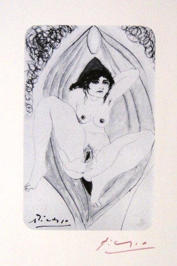 Pablo PICASSO, special signed Print, 1947: Special signed Print by Pablo Picasso "Erotica". Hand signed by Pablo Picasso in red pencil. From a signed VIP book. Edition from 1947. Size: 9.06 x 5.51 inces (23 x 14 cm).