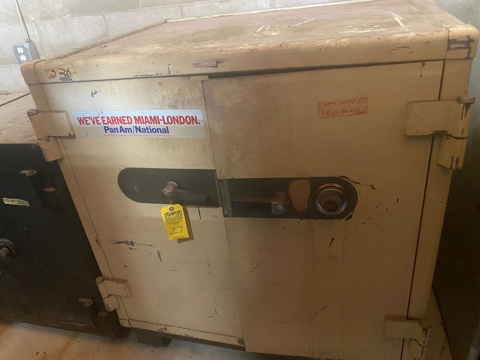 SAFE ON WHEELS - MOSLER - DOUBLE DOOR - BEIGE - CLASS 4 HOUR FIRE - 3 SHELVES / 3 LOOSE CASH DRAWERS: SAFE ON WHEELS - MOSLER - DOUBLE DOOR - BEIGE - CLASS 4 HOUR FIRE - 3 SHELVES / 3 LOOSE CASH DRAWERS - 47x43x35