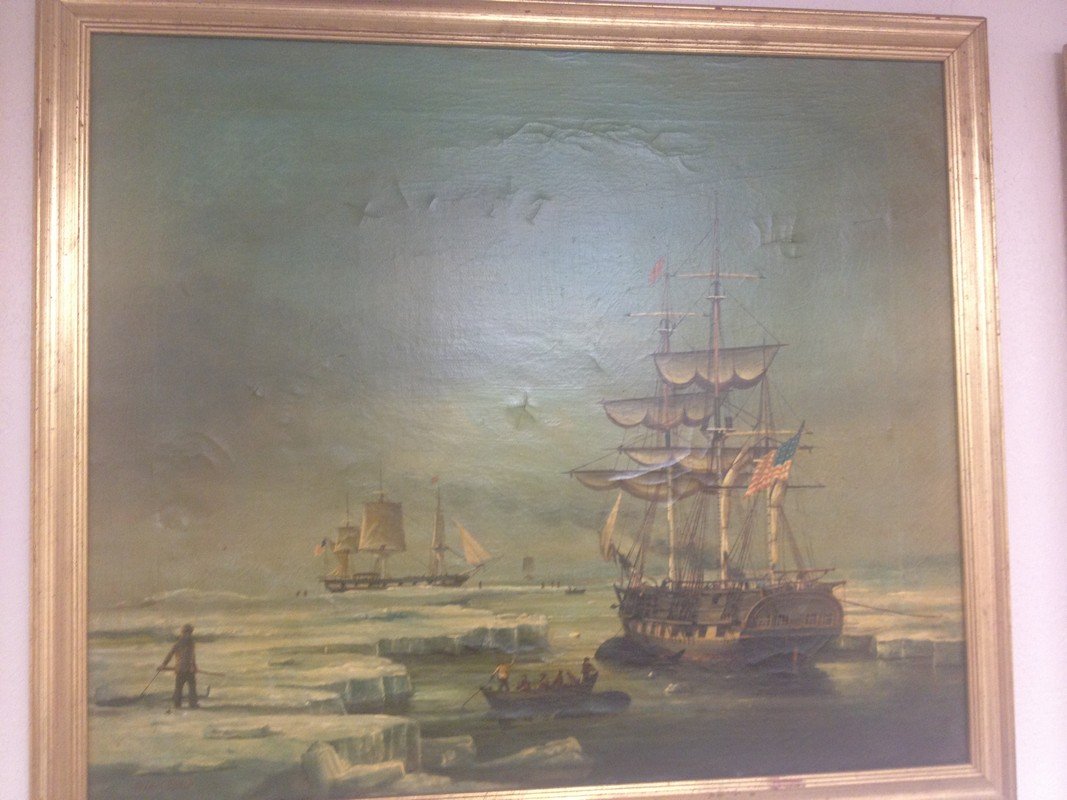 ART - SCHOONERS ON ICE - ORIGINAL OIL ON CANVAS /: ART - SCHOONERS ON ICE - ORIGINAL OIL ON CANVAS / VINTAGE - SIGNED BRIAN COOLE (LOWER LEFT) - SIZE 20''x23'' - SIZE WITH FRAME 23''x26'' - MINOR DENTS IN CANVAS / OLD