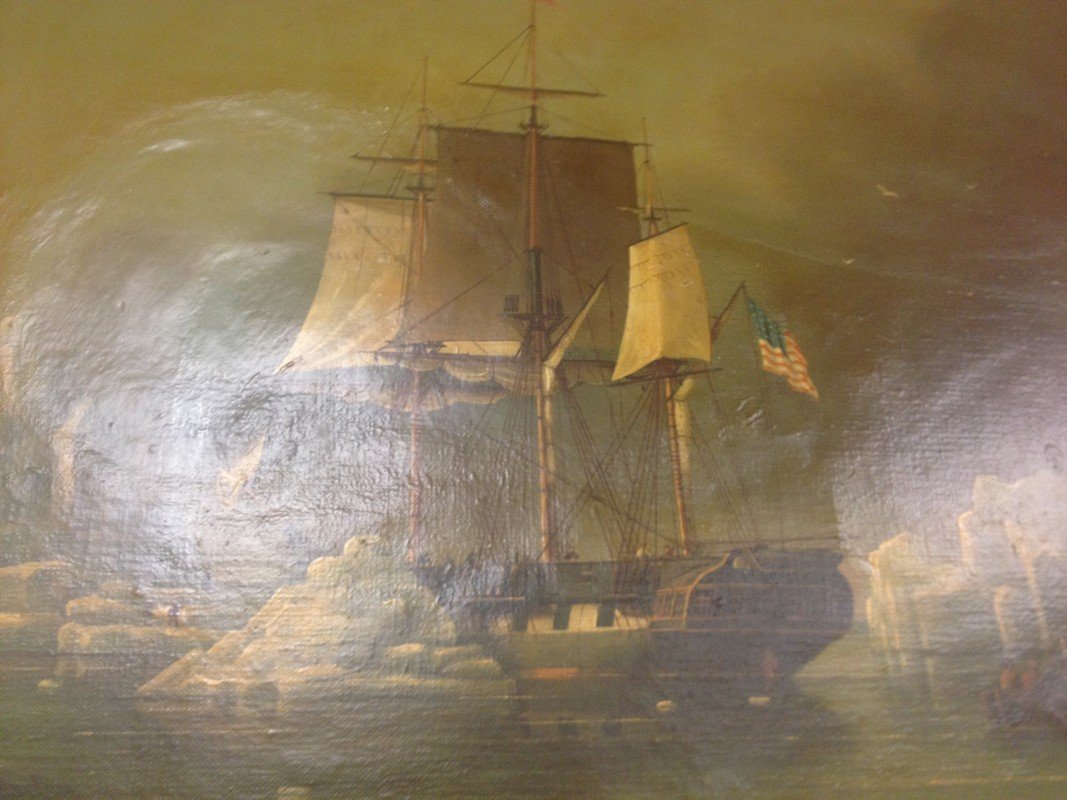 ART - US WAY SCHOONER ON ICE - ORIGINAL OIL ON CANVAS /: ART - US WAY SCHOONER ON ICE - ORIGINAL OIL ON CANVAS / VINTAGE - SIGNED BRIAN COOLE (LOWER LEFT) - SIZE 22''x28'' - SIZE WITH FRAME 24''x30'' - MINOR DAMAGE TO CANVAS